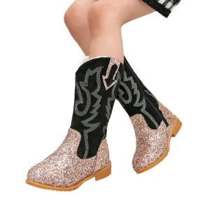 Barnens glittriga western knähöga stövlar med pälsfoder - guld