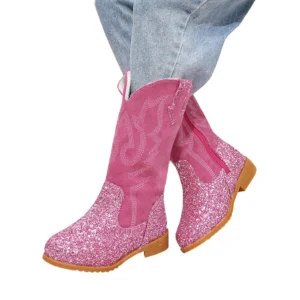 Barnens glittriga western knähöga stövlar med pälsfoder - rosa