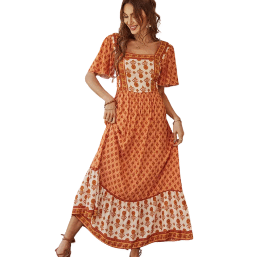 Bohemisk fyrkantig urringning blommönstrad västernmaxiklänning