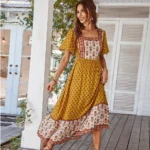 Bohemisk fyrkantig urringning blommönstrad västernmaxiklänning - Gul