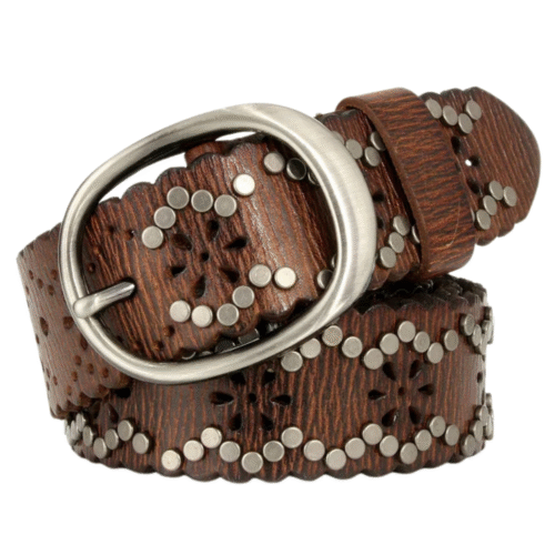 Dam nittat läderwesternbälte med blommiga utskärningar