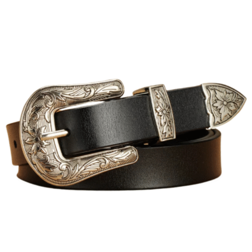 Dam vintage westernbälte med blommigt graverat spänne