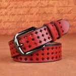 Dam äkta läderwesternbälte med rutigt utskuret design - röd