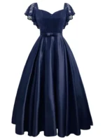 Elegant västern spets- och satinklänning med rosett - marinblå