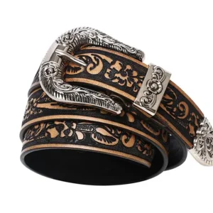 Graverat blommigt västerländskt bälte med silverspänne - brun