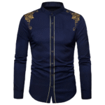 Herr western broderad formell långärmad skjorta - marinblå