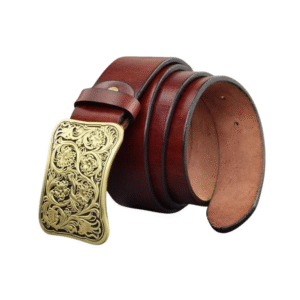 Herrs vintage läderbälte med blommig mässingsspänne - Rödbrun