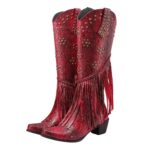 Kvinnliga nittade fransiga knähöga cowgirl stövlar - Röd
