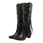 Kvinnliga nittade fransiga knähöga cowgirl stövlar - svart