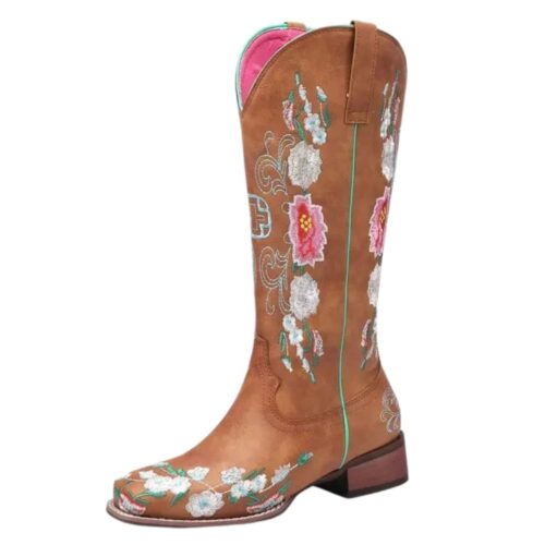Kvinnors bruna western-stövlar med floralt broderi
