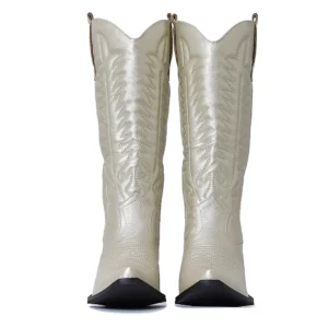 Kvinnors metalliska western cowgirl-stövlar med broderat blommönster - Guld