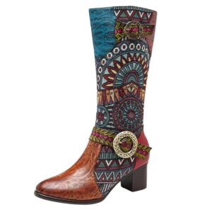 Kvinnors västerländska färgglada läderstövlar med etniskt mönster