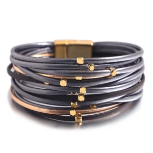 Kvinnors västerländskt flerskiktigt läderwraparmband med magnetlås - grå guld färg