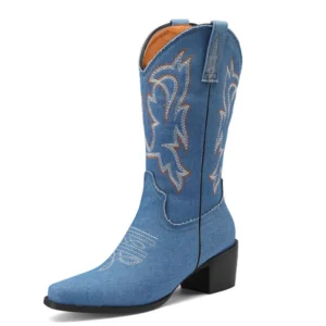 Kvinnors västernsydda blommiga cowboystövlar 2023 vintage broderade cowgirlstövlar - Ljusblå denim