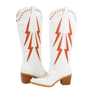 Kvinnors vita knähöga western-stövlar med orange blixtbroderi - 43