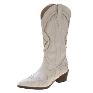 Kvinnors vita midkalv westernstövlar med broderi och klassisk blockklack