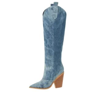 Omens knähöga denim westernstövlar med hög blockklack