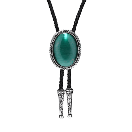 Oval sten bolo tie med graverade spetsar - grön