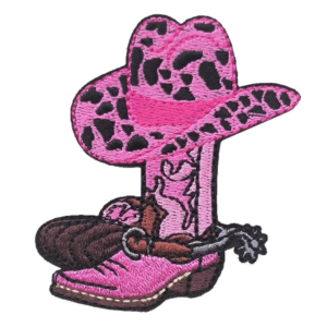 Rosa ko-mönstrad cowboyhatt och stövlar broderad patch