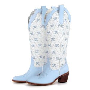 Rosettmönstrade knähöga cowgirl-stövlar för kvinnor - Blå