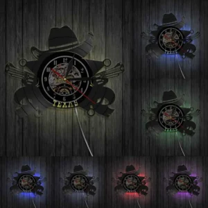 Texas cowboyhatt och revolvrar vinylväggklocka - med LED