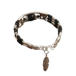 Västerländskt turkospärlat armband med silverfjäderanhäng - svart