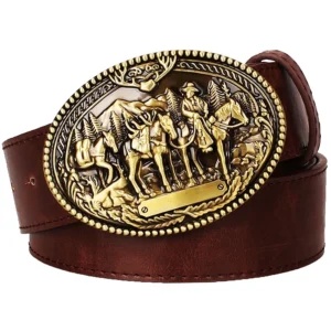 Vilda västern cowboybältet med guldhästscen spänne - brun