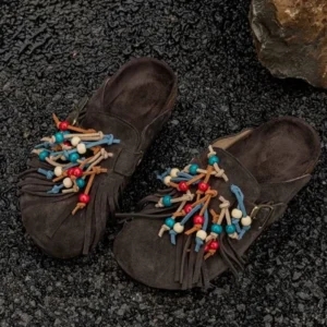 Western mocka fransade tofflor med pärlor - khaki